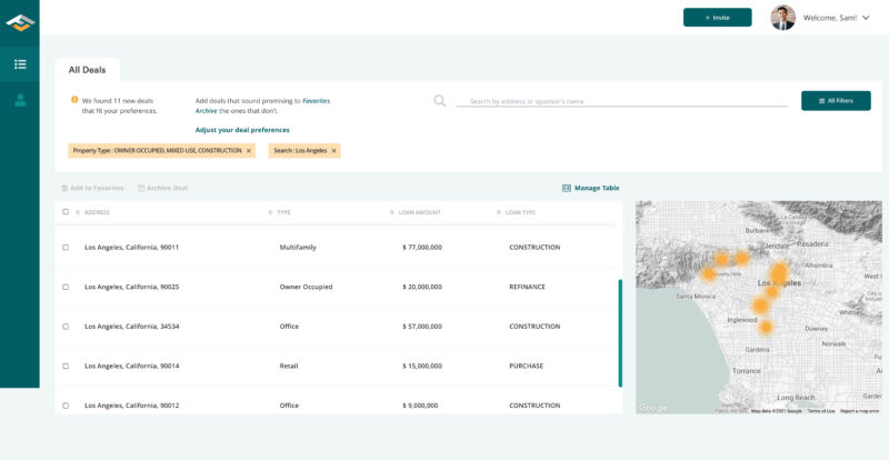 screen shot of Finance Lobby deal match